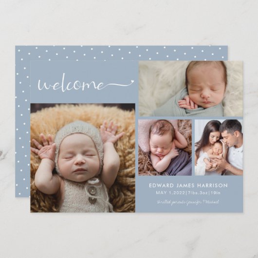 Begrüßung des Baby Foto Collage Blue Geburtserklär Ankündigung (Vorne/Hinten)