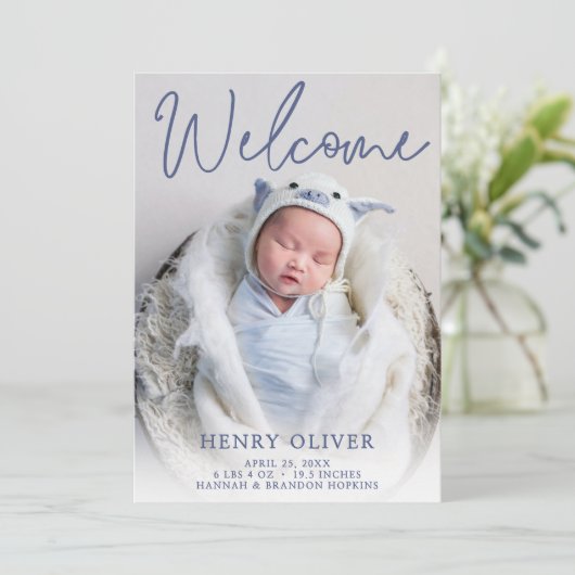 Begrüßung des Blauen Fotos Geburtserklärung Einladung (Stehend Vorderseite)