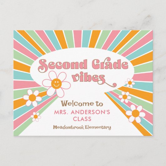 Begrüßung des Lehrers bei 70er Retro der zweiten K Postkarte (Vorderseite)