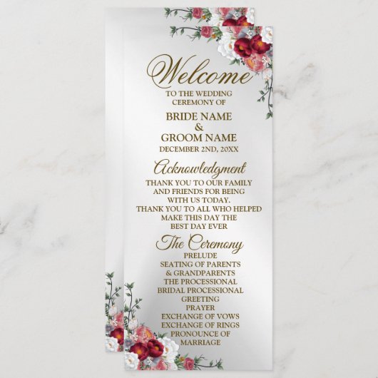 Begrüßung farbenfroher Rot Weiße Blütensilber Programm (Vorne/Hinten)