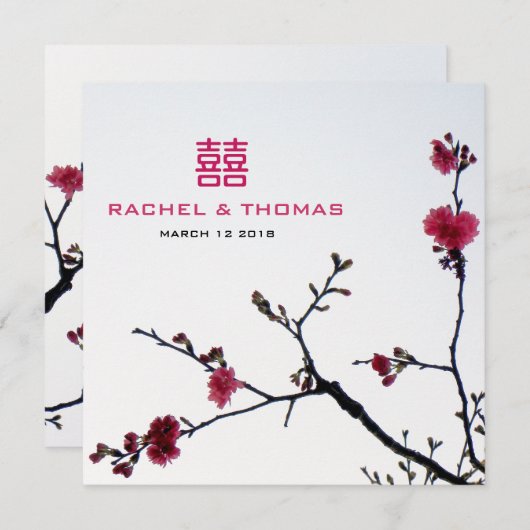 Begrüßung Frühling Sakura Doppelglückliche Hochzei Einladung (Vorne/Hinten)