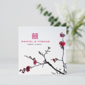 Begrüßung Frühling Sakura Doppelglückliche Hochzei Einladung (Stehend Vorderseite)