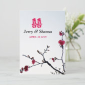 Begrüßung Frühlingssakura Double Happiness Hochzei Einladung (Stehend Vorderseite)