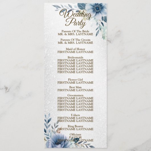 Begrüßung Hochzeit Dusty Blue Watercolor Blume Programm (Rückseite)