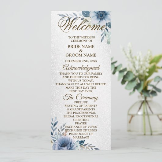 Begrüßung Hochzeit Dusty Blue Watercolor Blume Programm (Stehend Vorderseite)
