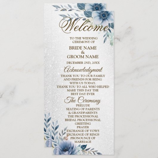 Begrüßung Hochzeit Dusty Blue Watercolor Blume Programm (Vorne/Hinten)