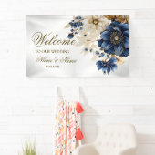 Begrüßung Hochzeit Navy Blauer goldene Blüte Banner (Insitu)