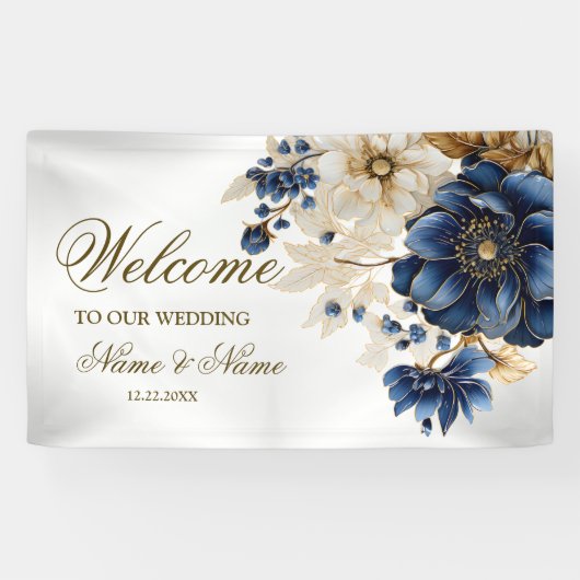 Begrüßung Hochzeit Navy Blauer goldene Blüte Banner (Horizontal)