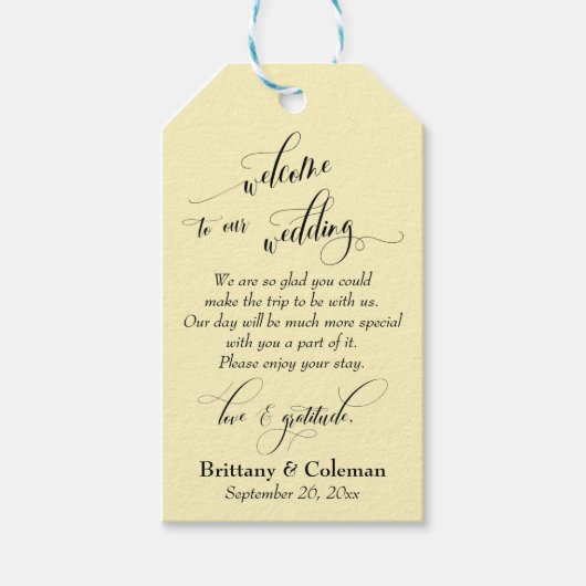 Begrüßung Liebe & Dankbarkeit Gelbe Hochzeit Geschenkanhänger (Vorderseite)