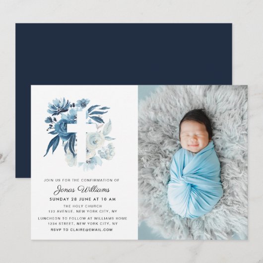 Begrüßung mit blauen Blumen Einladung (Vorne/Hinten)