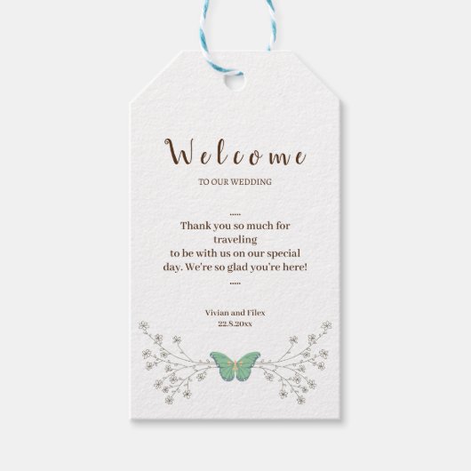 Begrüßung mit Blumen und Schmetterlingen Geschenkanhänger (Vorderseite)