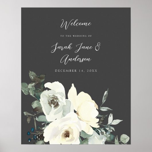 Begrüßung mit dunkelblauer und weißer Blüte - Grau Poster (Vorne)