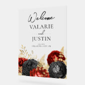 Begrüßung mit gotischem Rot und Schwarzer Flora Acrylschild (Winkel)