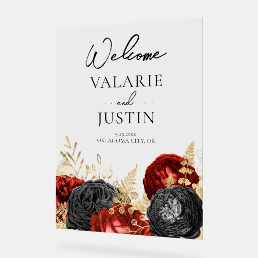 Begrüßung mit gotischem Rot und Schwarzer Flora Acrylschild (Winkel)