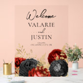 Begrüßung mit gotischem Rot und Schwarzer Flora Acrylschild (Hochzeit)