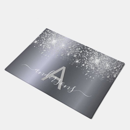 Begrüßung mit Silver Glitzer Fußmatte (Schrägansicht)