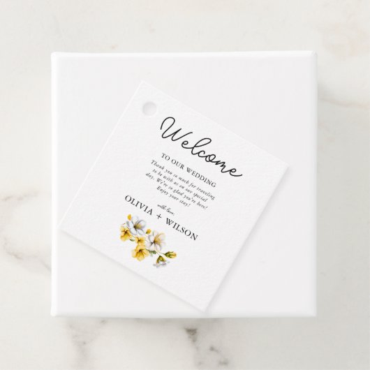 Begrüßung mit weißer und gelber Blüte Geschenkanhänger (Beispiel)