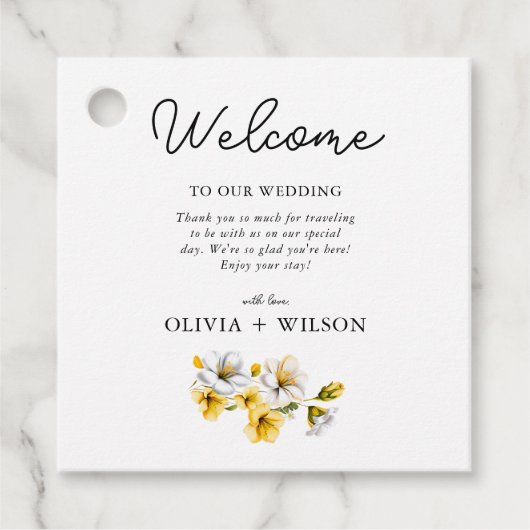 Begrüßung mit weißer und gelber Blüte Geschenkanhänger (Vorderseite)