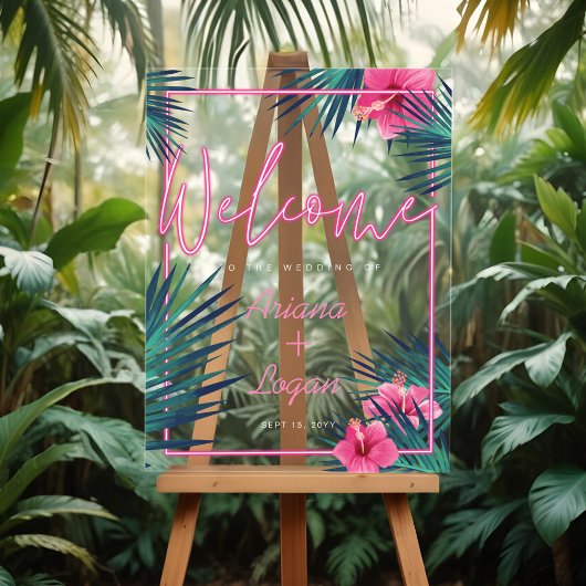 Begrüßung Neon Pink Tropical Floral Palm Hochzeit Acrylschild