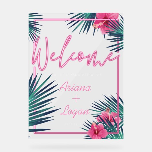 Begrüßung Neon Pink Tropical Floral Palm Hochzeit Acrylschild (Vorderseite)
