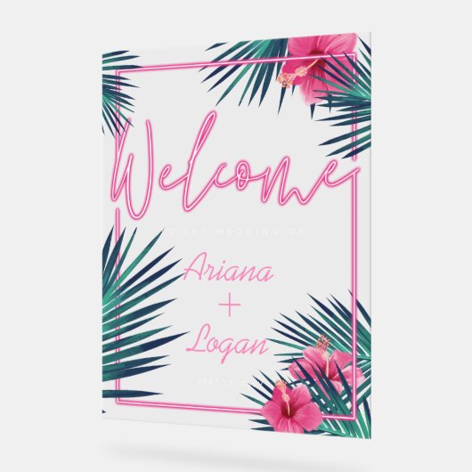 Begrüßung Neon Pink Tropical Floral Palm Hochzeit Acrylschild (Winkel)