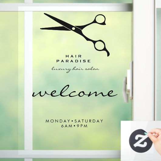 Begrüßung Öffnungszeiten Friseur transparent Fensteraufkleber (Zuhause)
