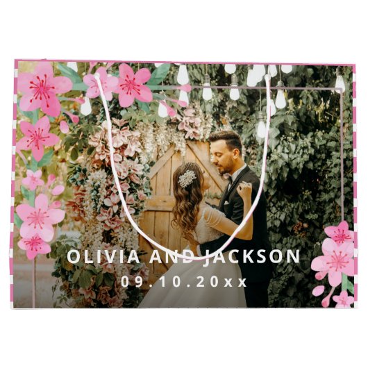 Begrüßung Party Rosa Blütengoldene Rahmen Hochzeit Große Geschenktüte (Rückseite)