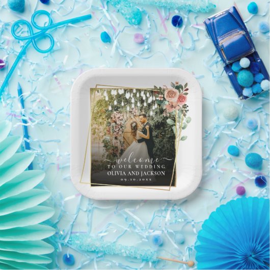 Begrüßung Party Rosa Blütengoldene Rahmen Hochzeit Pappteller (Party)