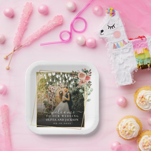 Begrüßung Party Rosa Blütengoldene Rahmen Hochzeit Pappteller (Party)