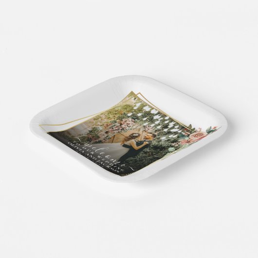 Begrüßung Party Rosa Blütengoldene Rahmen Hochzeit Pappteller (Gewinkelt)