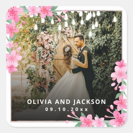 Begrüßung Party Rosa Blütengoldene Rahmen Hochzeit Quadratischer Aufkleber (Vorderseite)