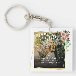 Begrüßung Party Rosa Blütengoldene Rahmen Hochzeit Schlüsselanhänger