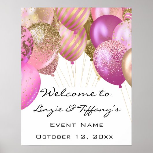 Begrüßung Poster Pink Gold Ballons Weiß (Vorne)