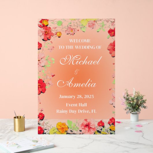 Begrüßung Schild rot-gelb-orange-rosa Blüte (Hochzeit)