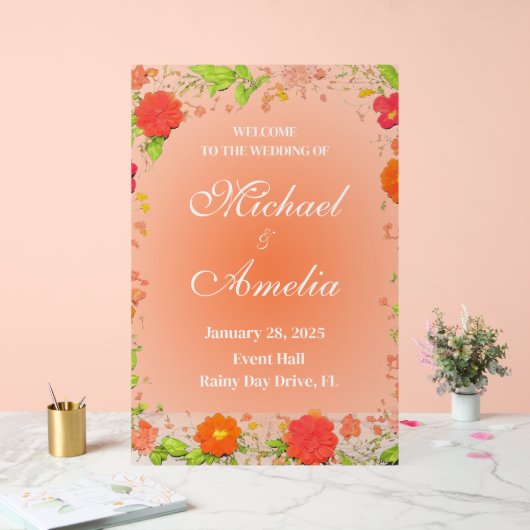 Begrüßung Schild rot-orange Blumengestein boho (Hochzeit)