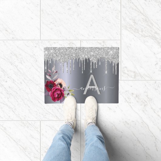 Begrüßung silberner Glitzer Bordeaux-Monogramm Fußmatte (Indoor)