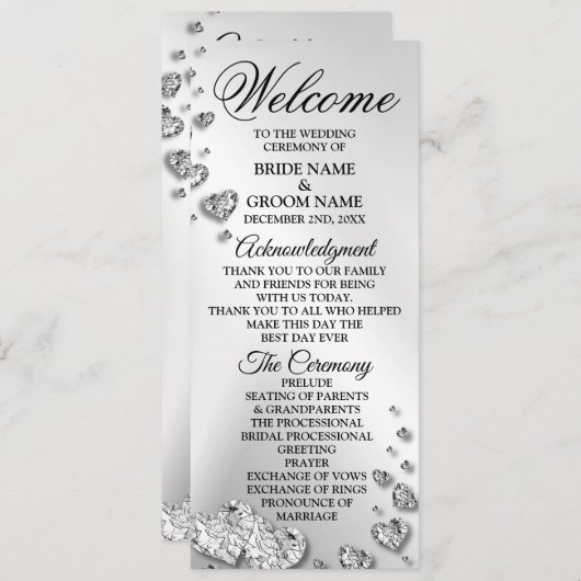 Begrüßung Silver Hearts Gray Elegante Rustikal Programm (Vorne/Hinten)