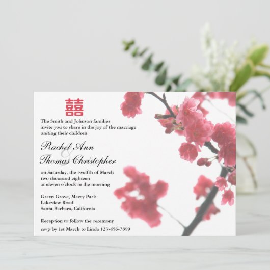 Begrüßung Spring Sakura Double Happiness Wedding© Einladung (Stehend Vorderseite)