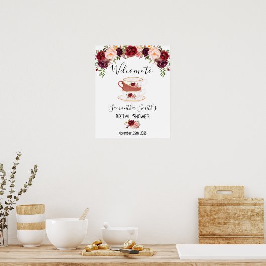 Begrüßung Tee Brautparty Marsala Blumenzeichen Poster (Küche)