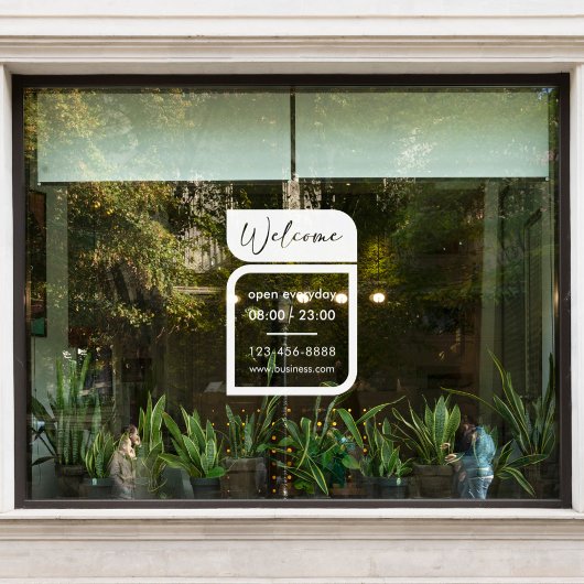 Begrüßung und Stunden im Fenster "White Business" Fensteraufkleber