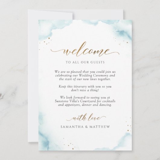 Begrüßung und Timeline-Karte von Dusty Blue Weddin (Rückseite)