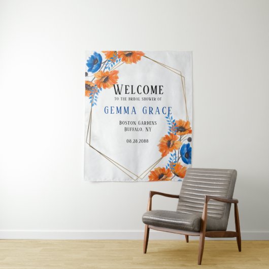 Begrüßung von blauem und orangefarbenem Peppy-Brau Wandteppich (Beispiel)