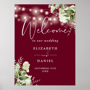 Begrüßung von Burgundy String Lights Floral Weddin Poster