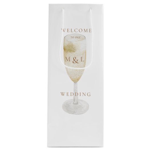 Begrüßung von Champagner & Gold Monogram White Wed Geschenktüte Für Weinflaschen (Vorderseite)