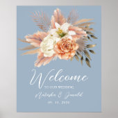 Begrüßung von Dusty Blue Peach Floral Wedding Poster (Vorne)