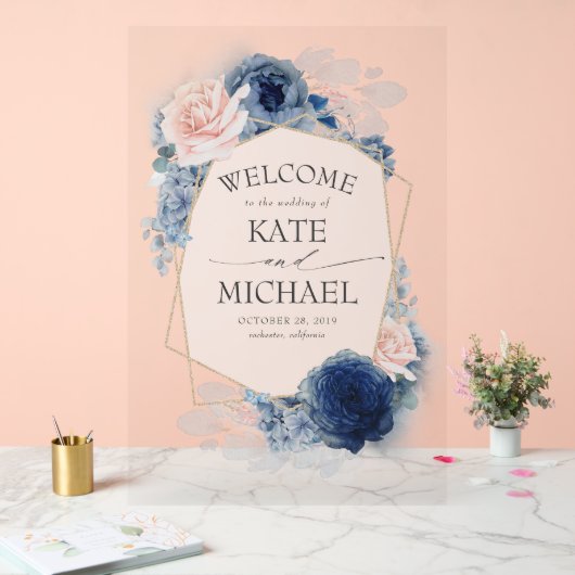 Begrüßung von dusty Blue und Blush Floral Wedding Acrylschild (Hochzeit)