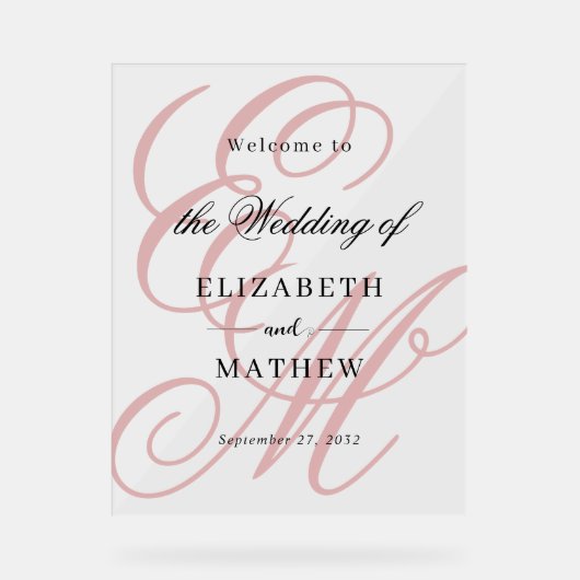 Begrüßung von elegantem Script Dusty Pink Monogram Acrylschild (Vorderseite)