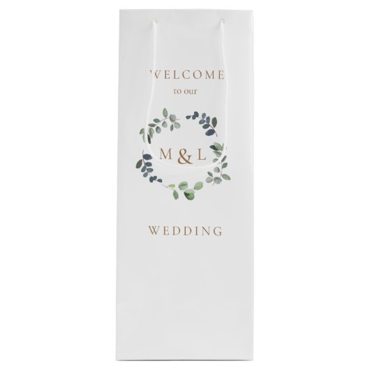 Begrüßung von Foliage & Gold Monogram White Weddin Geschenktüte Für Weinflaschen (Vorderseite)