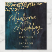 Begrüßung von Navy Blue Aquamarin Watercolor & Gol Weinetikett (Einzelnes Label)