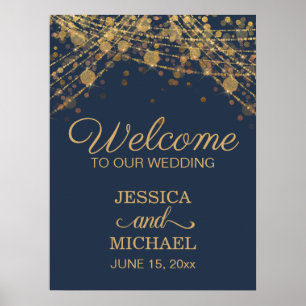 Begrüßung von Navy Blue Gold String Lights Poster